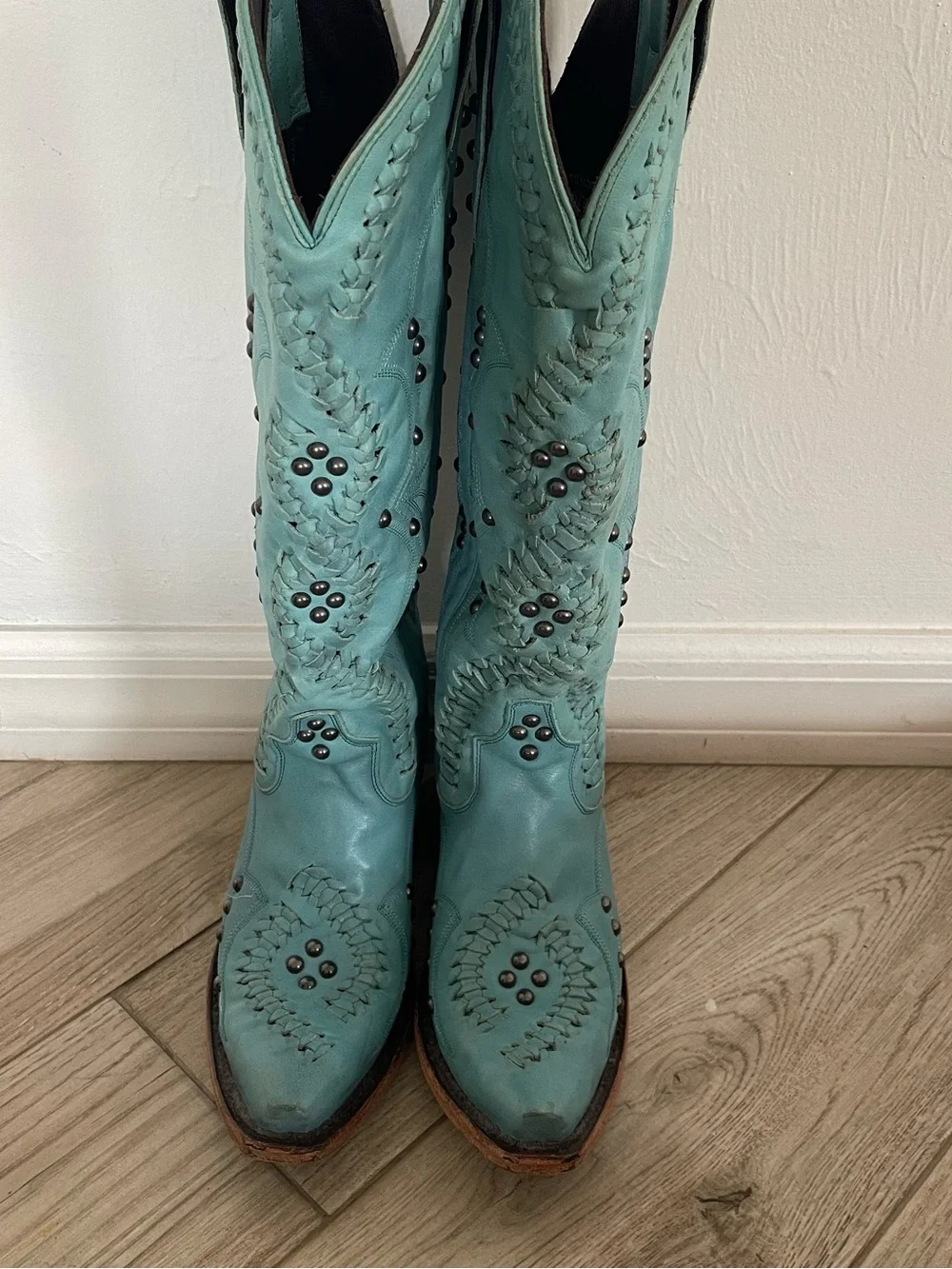 Lane Cossette Turquoise Tall Western Braided Studded Snip Toe Boots